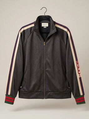 Gucci Black Bomber Jacket with Cream and Navy Stripe Sleeves